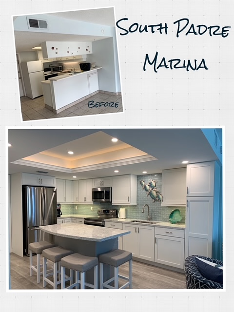 A before and after image of a kitchen at the South Padre Marina in Texas (TX)