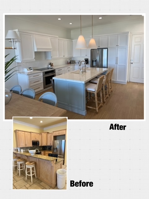 A before and after image of a townhome kitchen renovation on South Padre Island, Texas (TX)